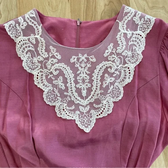 Vintage Dawn Joy Mauve Dress Peplum Waist Long Sleeve Lace Collar Size 9/10 - Picture 3 of 8